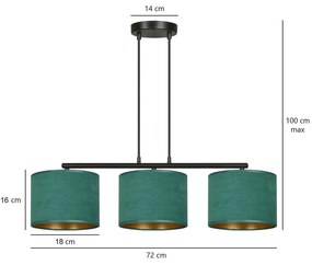 Lampadario 3 Luci Hilde In Acciaio Nero E Paralumi In Tessuto Verde