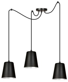 Lampadario 3 Luci Link In Acciaio Nero Cavo Lungo E Paralumi Cono Nero E Bianco