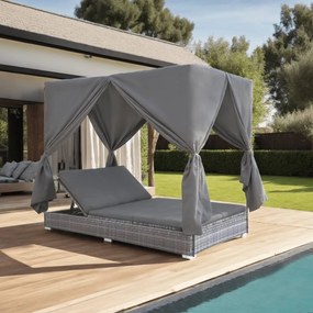 Lettino Prendisole Con Tende İn Polyrattan Grigio /