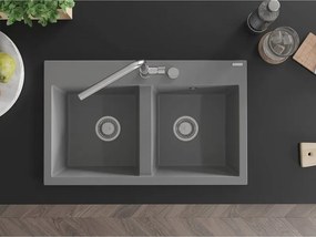 Mexen Hektor lavello in granito a 2 vasche 800 x 480 mm, grigio, sifone cromato - 6521802000-71