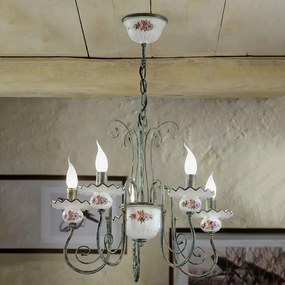 Lampadario Classico Sanremo Metallo E Ceramica Verde Sfumato Oro 5 Luci E14