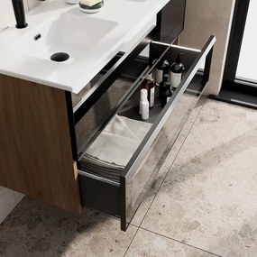 Mobile bagno con lavabo STAR L120 x H60 x P46 cm oak in vetro 2 cassetti per doppia vasca, il cassetto é dotato di illuminazione LED