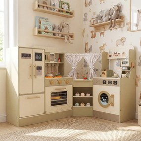 Costway Angolo giochi cucina per bambini in legno con rubinetto e fornelli realistici, Set cucinetta giocattolo con accessori per bambini 3+ anni