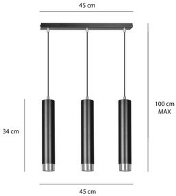 Lampadario 3 Luci Brunilde In Acciaio Nero E Tubolari In Nero E Cromo