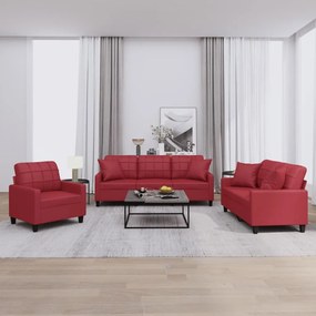 Set Di Divani 3 Pz Con Cuscini Rosso Vino İn Similpelle /