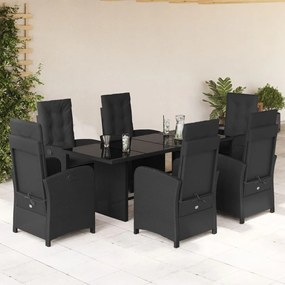 Set da pranzo da giardino 7 pz nero con cuscini in polyrattan