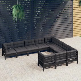 Set divani da giardino 10 pz con cuscini neri massello di pino