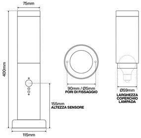 Paletto da giardino con Sensore Movimento 40cm Acciaio Inox E27 Colore Inox