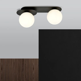 Plafoniera Minimal 2 Luci Teia In Acciaio Nero E Sfere Vetro Opale