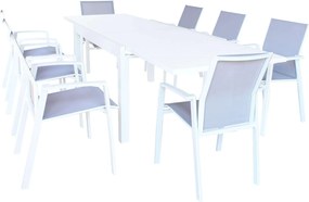 JERRI - set tavolo in alluminio cm 135/270 x 90 x 75 h con 8 poltrone Lotus