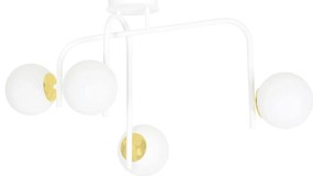 Lampadario 4 Luci Kalf In Acciaio Bianco A Bracci E Sfere In Vetro Opalino E Oro