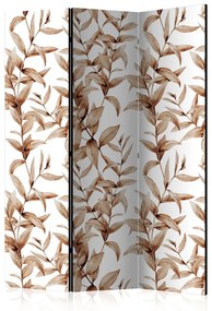 Paravento design Sepia vegetale - foglie marroni su sfondo bianco