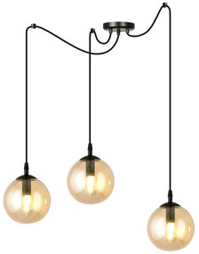 Lampadario 3 Luci Ginevra In Acciaio Nero Con Cavo Lungo E Vetri Ambra