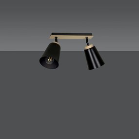 Plafoniera Faretti Spot Orientabili 2 Luci Xiwangmu Acciaio Nero E Legno Naturale