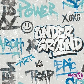 Noordwand Carta da Parati Friends & Coffee Graffity Print Grigio e Blu