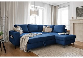 Divano letto angolare in velluto a coste blu scuro (angolo destro) Lofty Lilly - Miuform