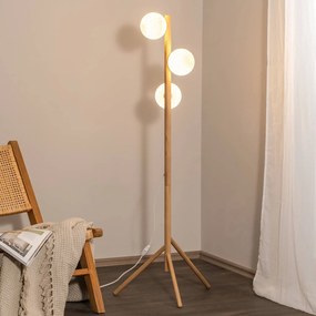 TK Lighting Piantana Estera, vetro opalino, struttura in legno, 132 cm, a 3 luci