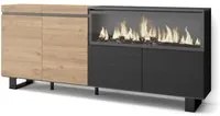 Credenza, Mobile, Cucina, 210, 4 Porte, Camino elettrico XXL, Design industriale, Rovere e nero RF3224