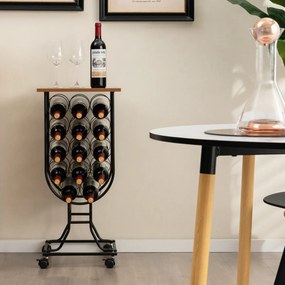 Costway Portabottiglie per vino con ruote staccabili e bloccabili, Mobile porta vino con struttura in metallo Nero