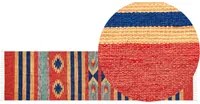 Tappeto Kilim multicolore in cotone 80 x 300 cm tessuto a mano a trama piatta reversibile con motivi geometrici e frange, tradizionale Boho, per il soggiorno e la camera da letto.