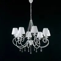 Lampadario Classico 8 Luci Ferro Bianco e Cristalli con Paralumi Serie Elegant