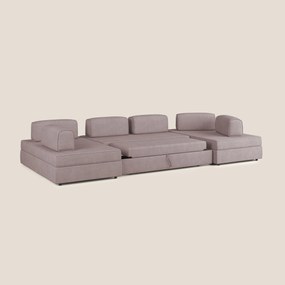 Liberty divano panoramico con pouf estraibile e schienali movibili in tessuto morbido impermeabile T02 rosa