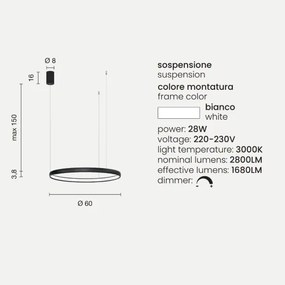 Lampada a sospensione con cerchio orizzontale in metallo Bianco 60 cm NOVA