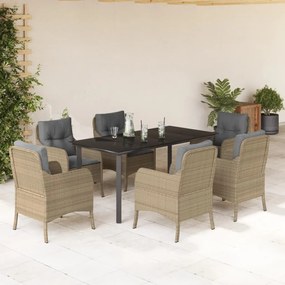 Set da pranzo da giardino 7 pz con cuscini beige in polyrattan