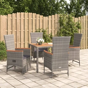 Set da pranzo da giardino 5 pz con cuscini in polyrattan grigio