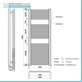 Termoarredo elettrico bianco 700w H150 x 50 interasse 45 cm