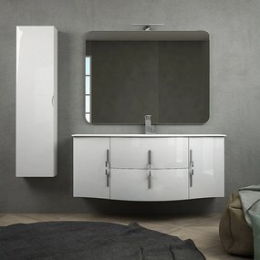 Mobile da bagno Praga 140 bianco lucido cm con vasca centrale sospeso con specchio filo lucido e colonna da 140 cm