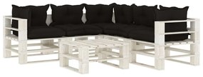 Set divani da giardino su pallet 6 pz con cuscini neri in legno