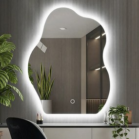 Specchio Forma Ondulata da Parete 50x70cm con LED 3 Colori Accensione Touch...