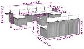 Set divani da giardino 11 pz con cuscini in polyrattan grigio