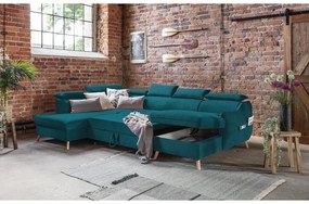 Divano letto angolare a U in velluto turchese (angolo sinistro) Sweet Harmony - Miuform