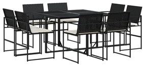 Set da pranzo da giardino 9 pz con cuscini nero in polyrattan