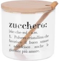 Zuccheriera in vetro con cucchiaino e scritta Victionary