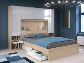 Letto con LED e vani portaoggetti 160 x 200 cm Naturale e Bianco lucido + Materasso - VELONA