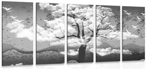 Quadri 5 pezzi – Albero inondato di nuvole in bianco e nero
