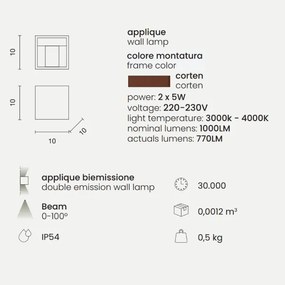 Applique in alluminio per esterni Corten con alette regolabili CUBE 10x10 cm