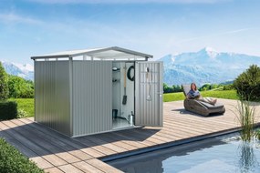 Casetta da giardino BIOHORT Panorama P3 in acciaio grigio scuro con porta battente semplice, superficie interna 5.34 m² e spessore parete 0.5 mm