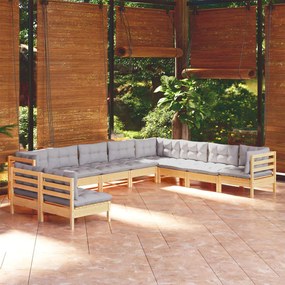 Set divani da giardino 10 pz con cuscini grigi massello di pino