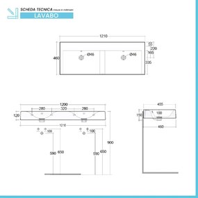 Lavabo sospeso doppio 120cm rettangolare in ceramica bianca senza foro per rubinetto Rak Des