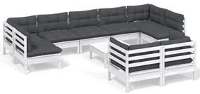 Set divani da giardino 10 pz con cuscini bianchi legno di pino