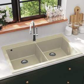 Lavello Da Cucina İn Granito Vasca Doppia Beige /
