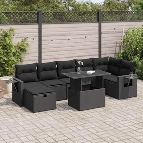 Set divani da giardino con cuscini 8 pz nero in polyrattan