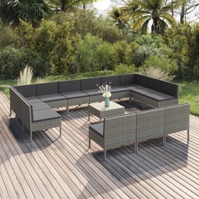 Set divani da giardino 14 pz con cuscini in polyrattan grigio