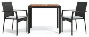 Set da pranzo da giardino 3 pz con cuscini nero in polyrattan