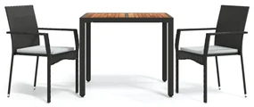 Set da pranzo da giardino 3 pz con cuscini nero in polyrattan