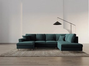 Divano angolare color petrolio allungabile e con contenitore (con penisola a destra/a U) con rivestimento in velluto Kyoto – Cosmopolitan Design